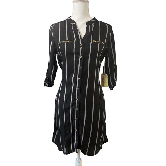 Striped Button-Up Shirt Midi Dress With Roll-Tab Sleeves & Tie Waist Size Small - Picture 1 of 13